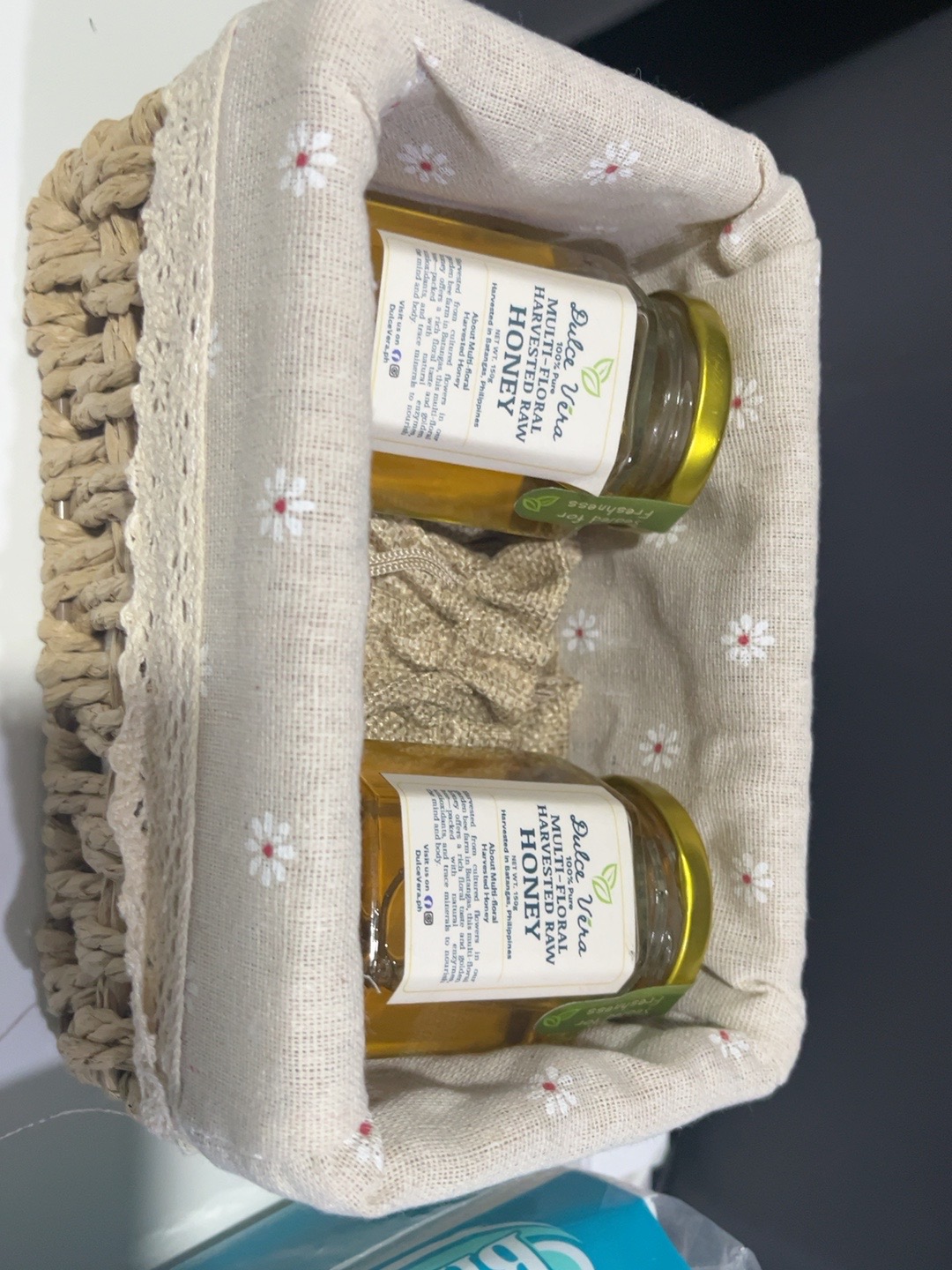Real basket showing honey jars lying down