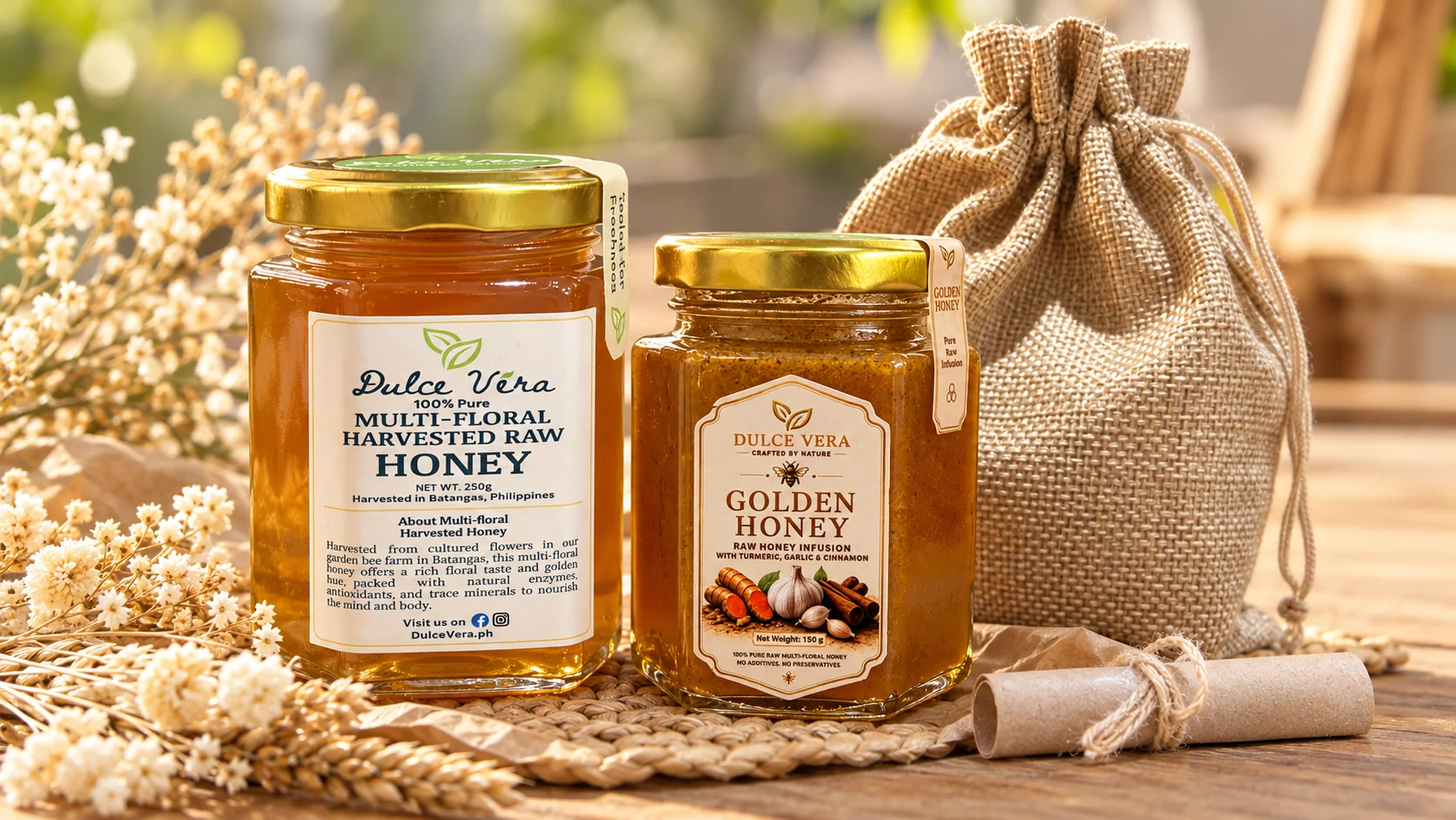 Dulce Vera multifloral honey and Golden Honey beside a natural jute pouch; styled product illustration