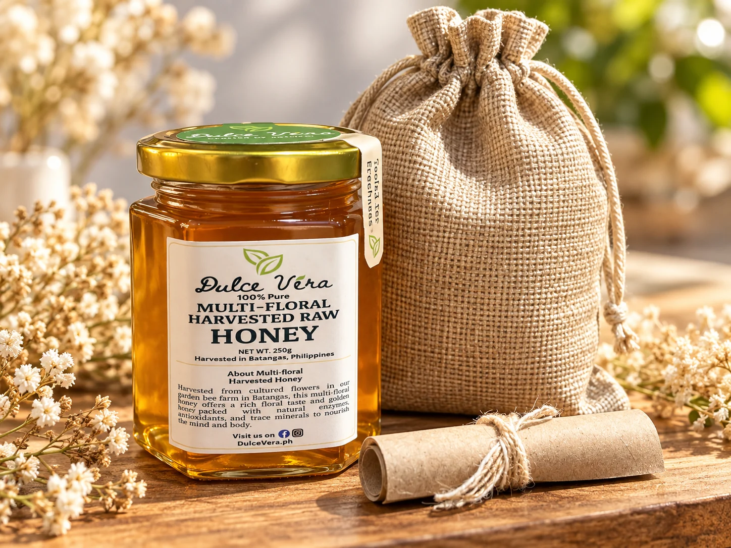 Warm sunlit styling of a multifloral honey jar, jute pouch and handwritten-style gift note
